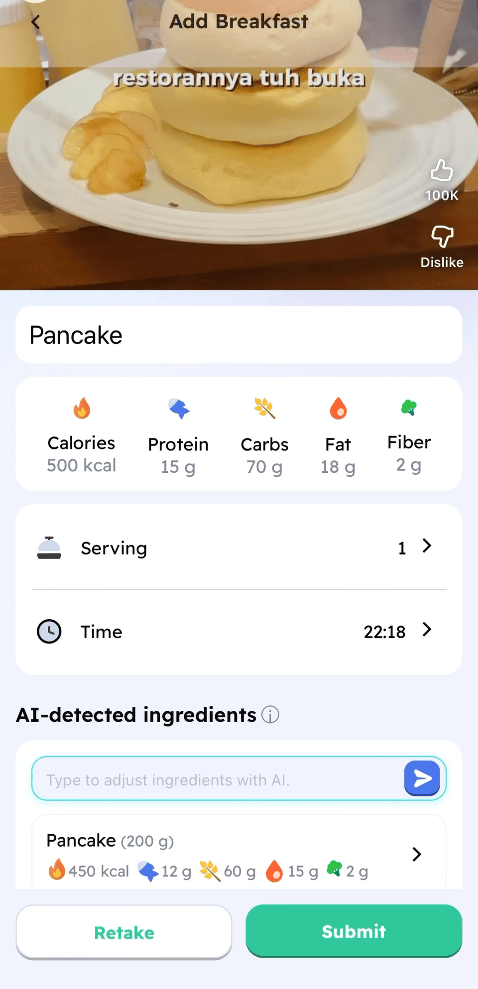 CapyCal AI food logging in action — snap a photo and adjust ingredients with a tap