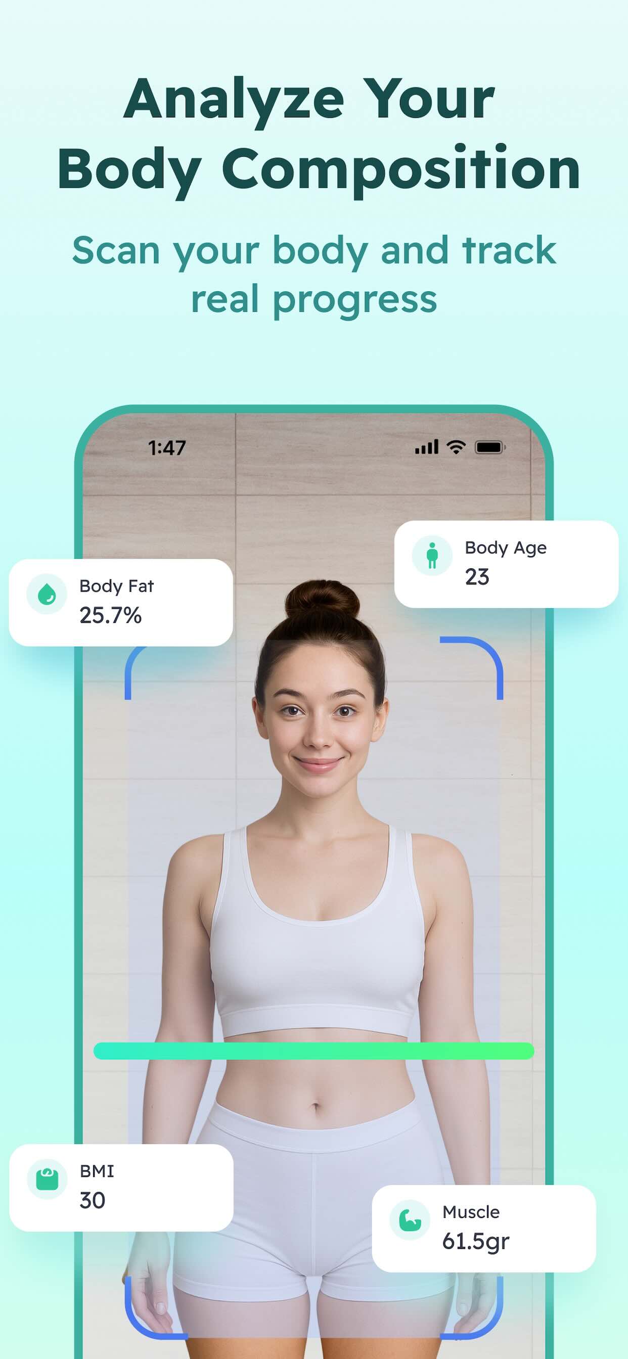 CapyCal AI Body Scan analyzing body composition with body fat, muscle mass, and BMI metrics