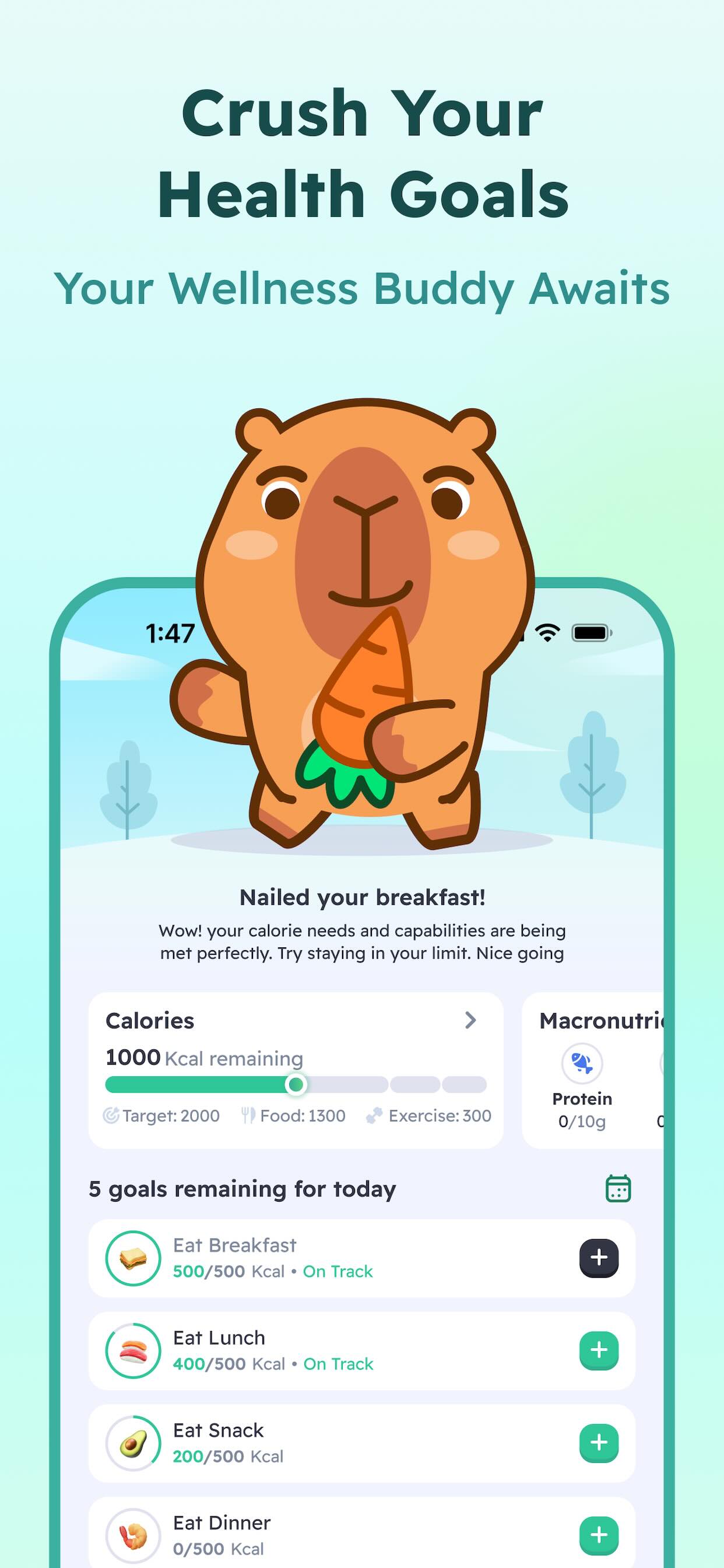 CapyCal AI calorie counter app home screen showing daily macro tracking and wellness companion