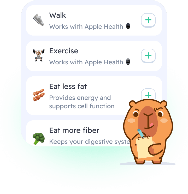 CapyCal custom wellness goals — Walk, Exercise, Eat less fat, Eat more fiber with Apple Health sync and cute capybara companion